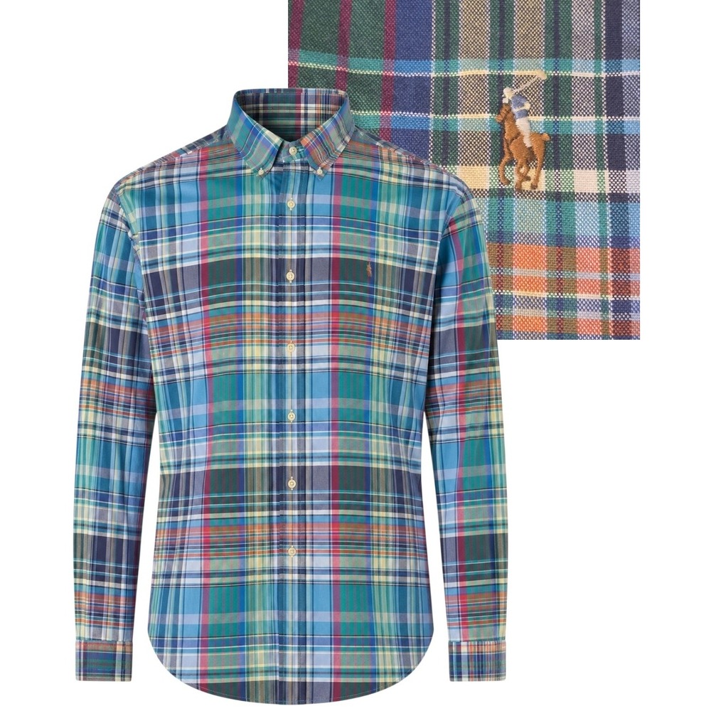 Ralph Lauren Button Down Shirt Mens 2XLT Blue Plaid Flesh Multicolor Pony EUC